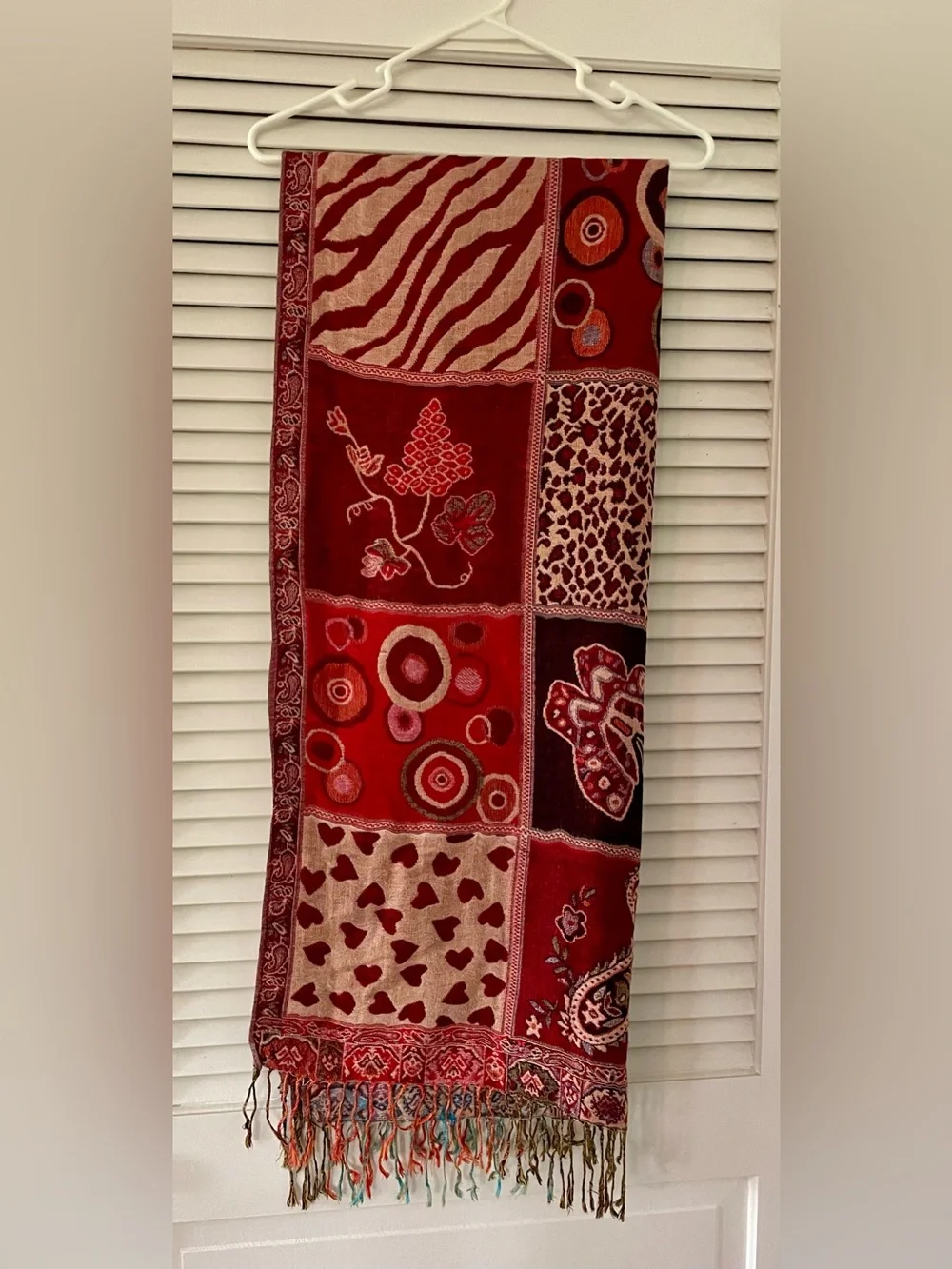 Boho Patchwork Print Scarf, Red Multi-Pattern, Paisley, Animal Print, Floral